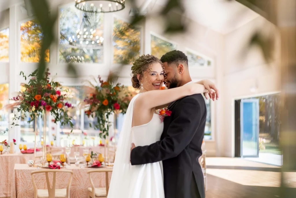 Bride and groom during oceanfront wedding in Rhode Island
