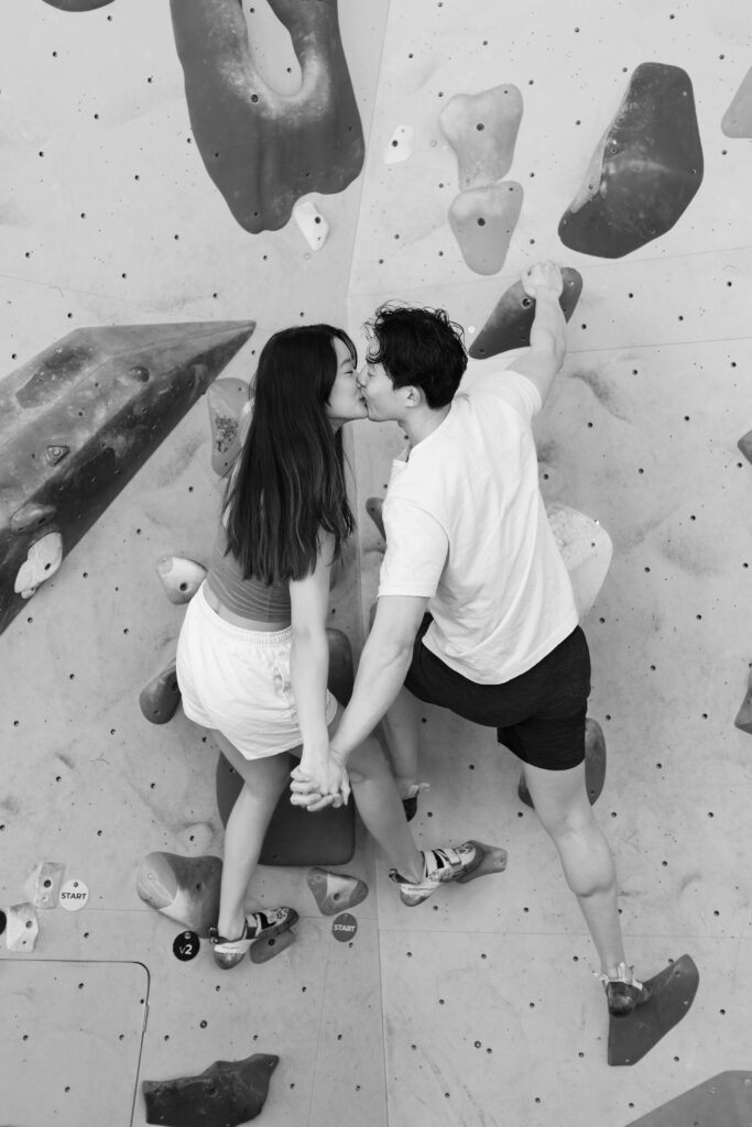 Couple at Central Rock Gym in Boston MA for engagement session